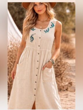 Cactus Creations Embroidered Southwest Midi Dress XL Boho Button Front Pockets